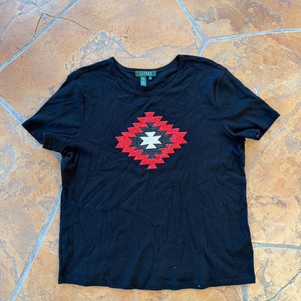 Lauren Ralph Lauren Aztec Sequin T-Shirt Size XL Black Southwest