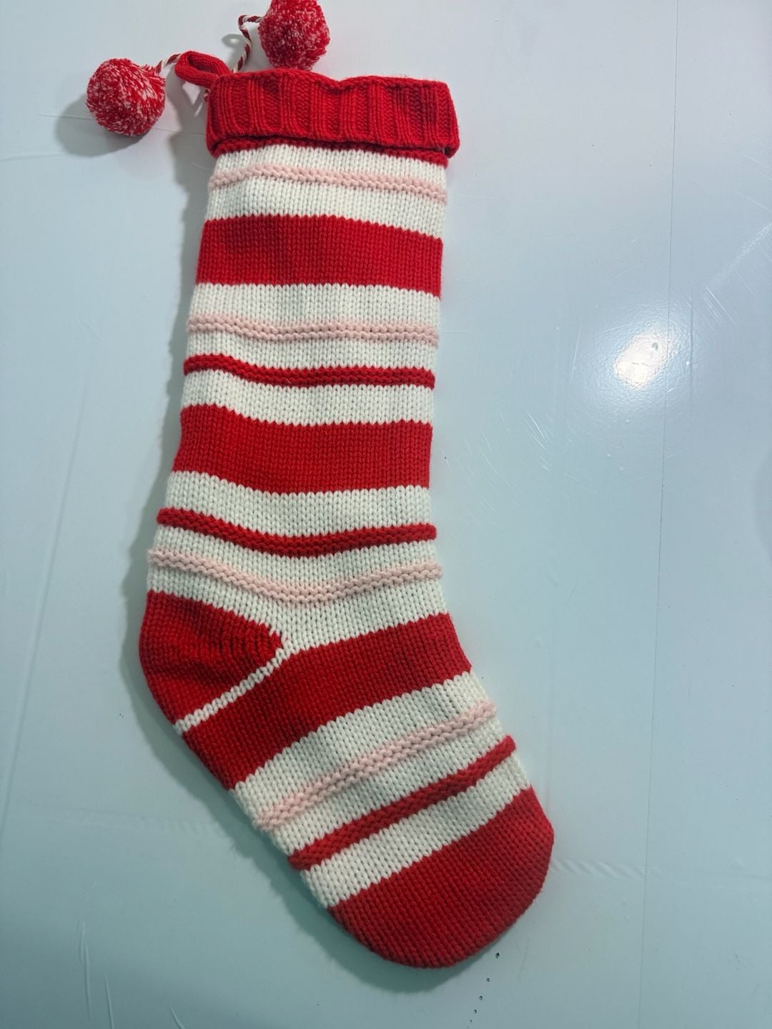 Pottery Barn Striped Knit Christmas Stocking Red White Pom Pom 1