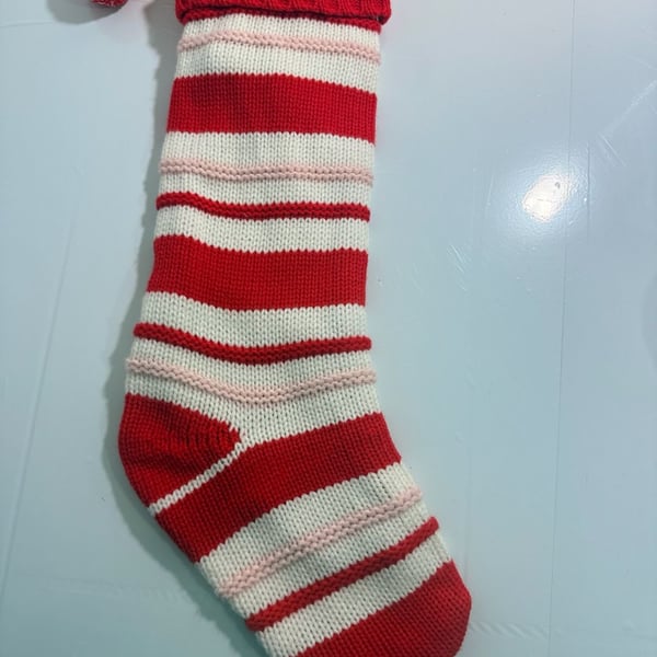 Pottery Barn Striped Knit Christmas Stocking Red White Pom Pom