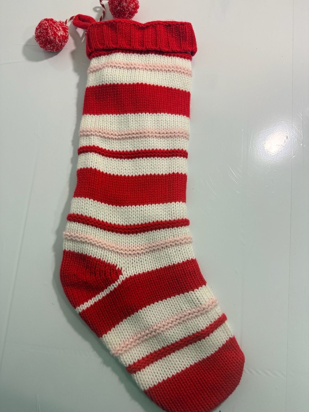 Pottery Barn Striped Knit Christmas Stocking Red White Pom Pom 2