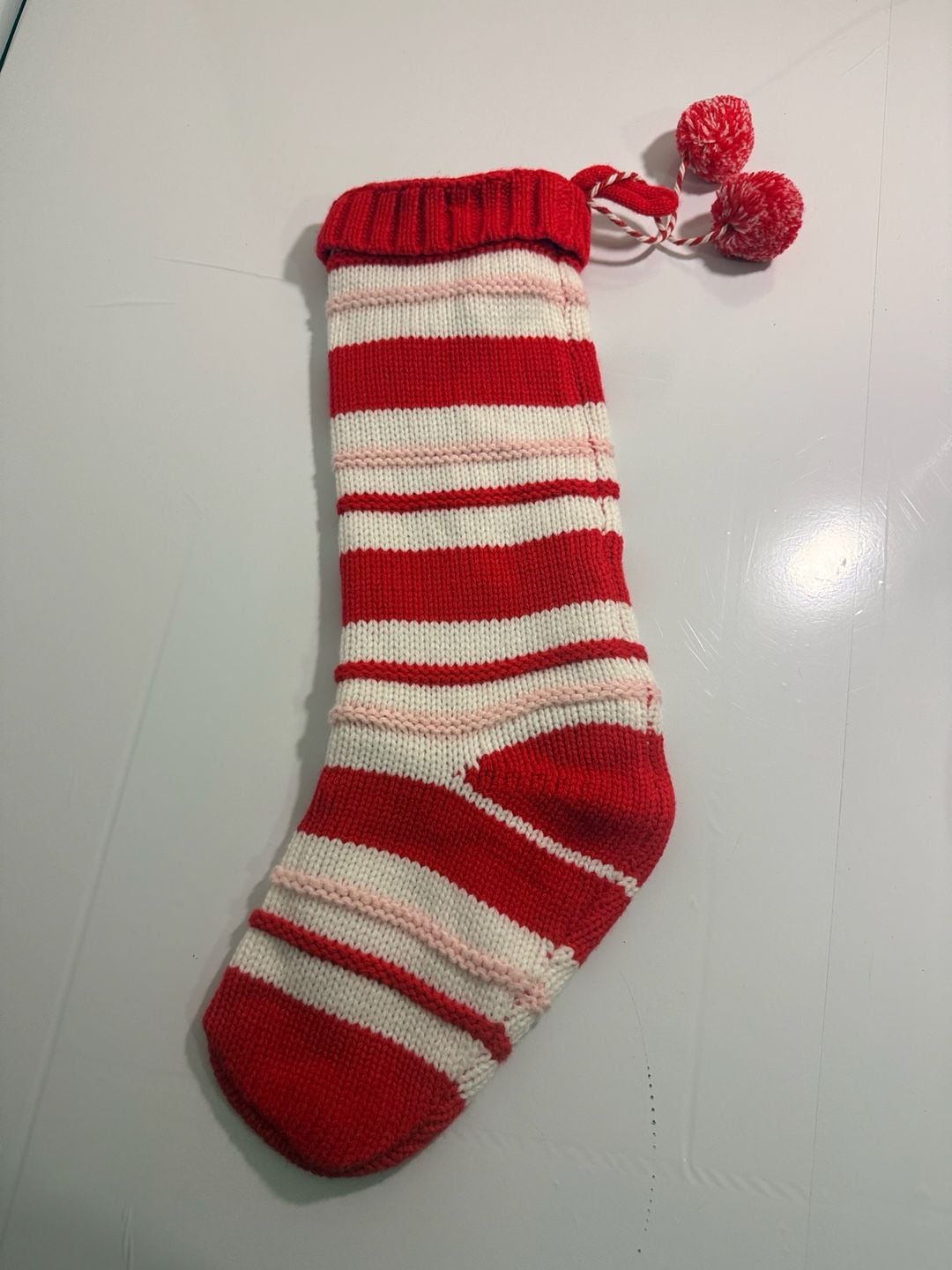 Pottery Barn Striped Knit Christmas Stocking Red White Pom Pom 3