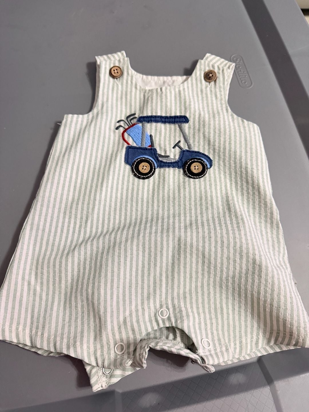 Mud Pie Golf Cart Jon Jon Romper 0-3M Green Striped Embroidery 1