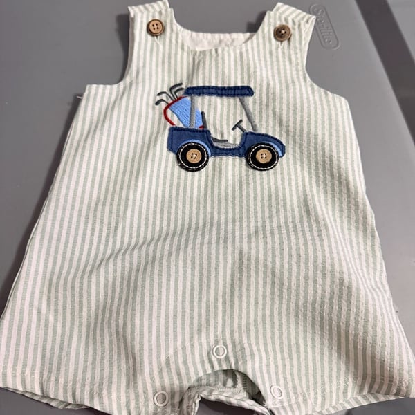 Mud Pie Golf Cart Jon Jon Romper 0-3M Green Striped Embroidery