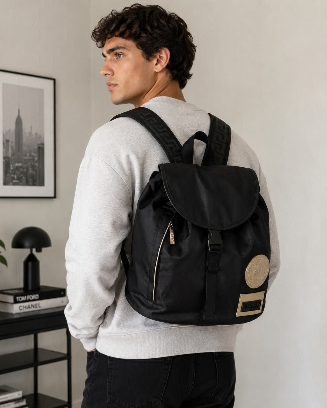 Versace Parfums Black Nylon Gold Medusa Flap Backpack 3