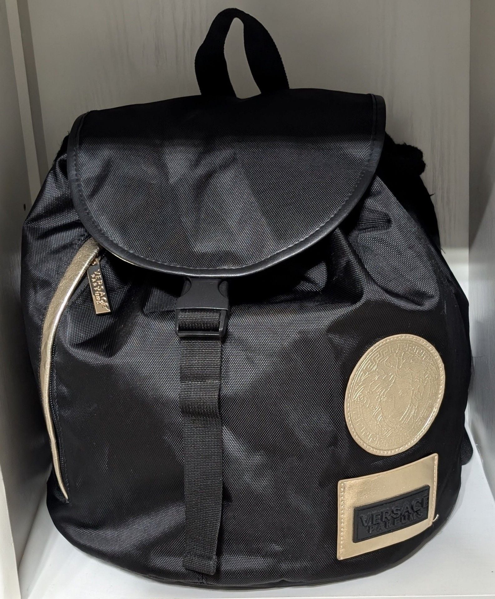 Versace Parfums Black Nylon Gold Medusa Flap Backpack 5