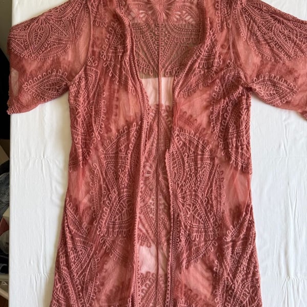 Rose Lace Tie Front Open Duster Kimono Cardigan Boho 0/S