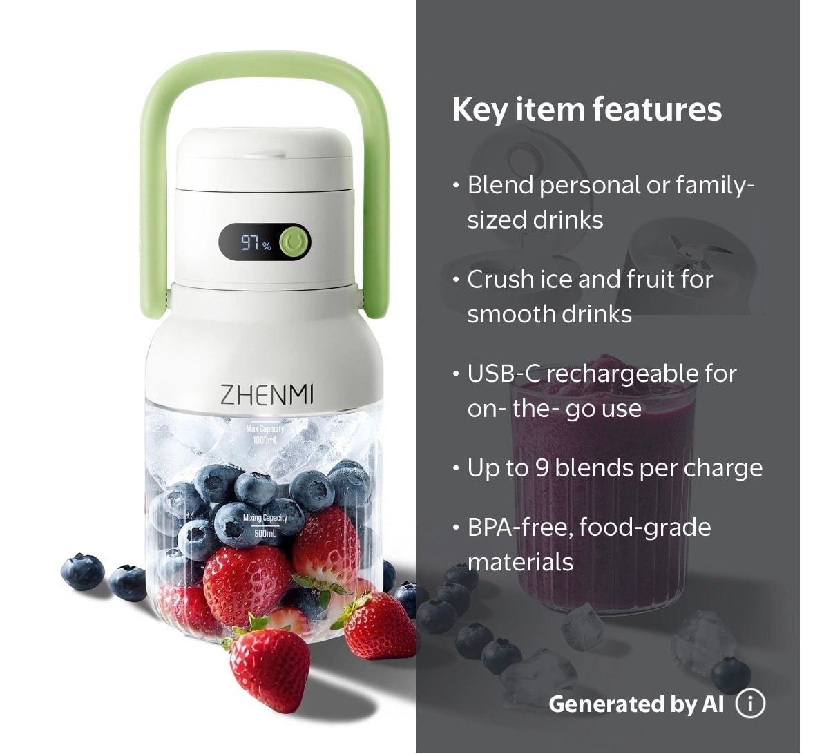 Zhenmi Portable Juicer ZMGZ-J15 1000mL Cordless Blender open box 4