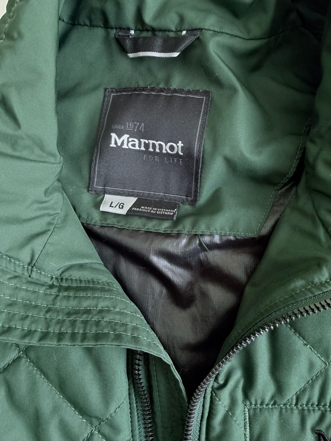 Marmot Quilted Jacket Size Large Green Primaloft Webcor Concrete Logo campcore 4