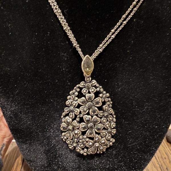 Avon Jose Barrera Silver Teardrop Pendant Necklace with Marcasite Flowers