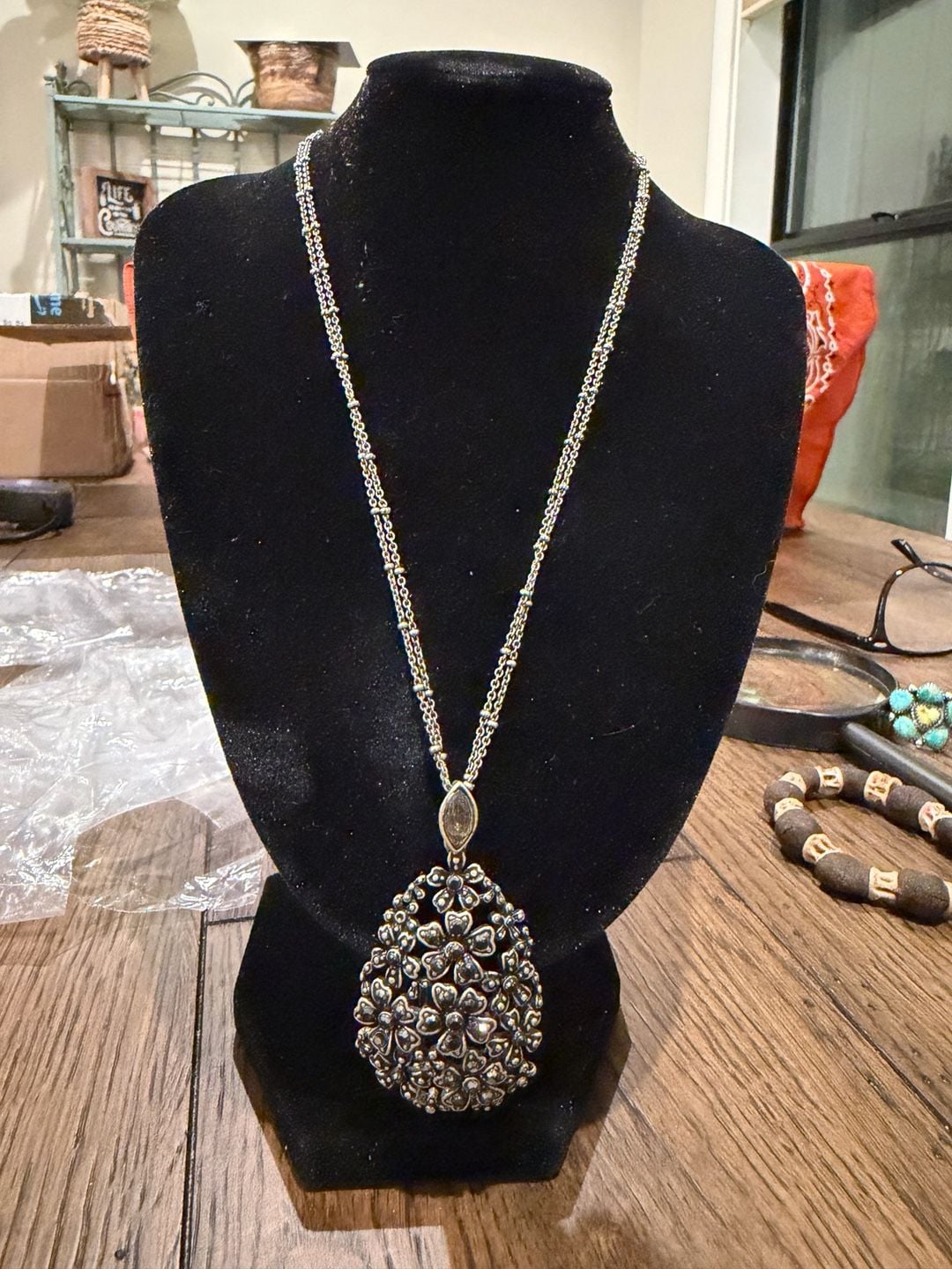 Avon Jose Barrera Silver Teardrop Pendant Necklace with Marcasite Flowers 3
