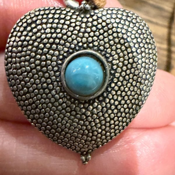 Heart Pendant Necklace with Faux Turquoise Stone and Leather Cord