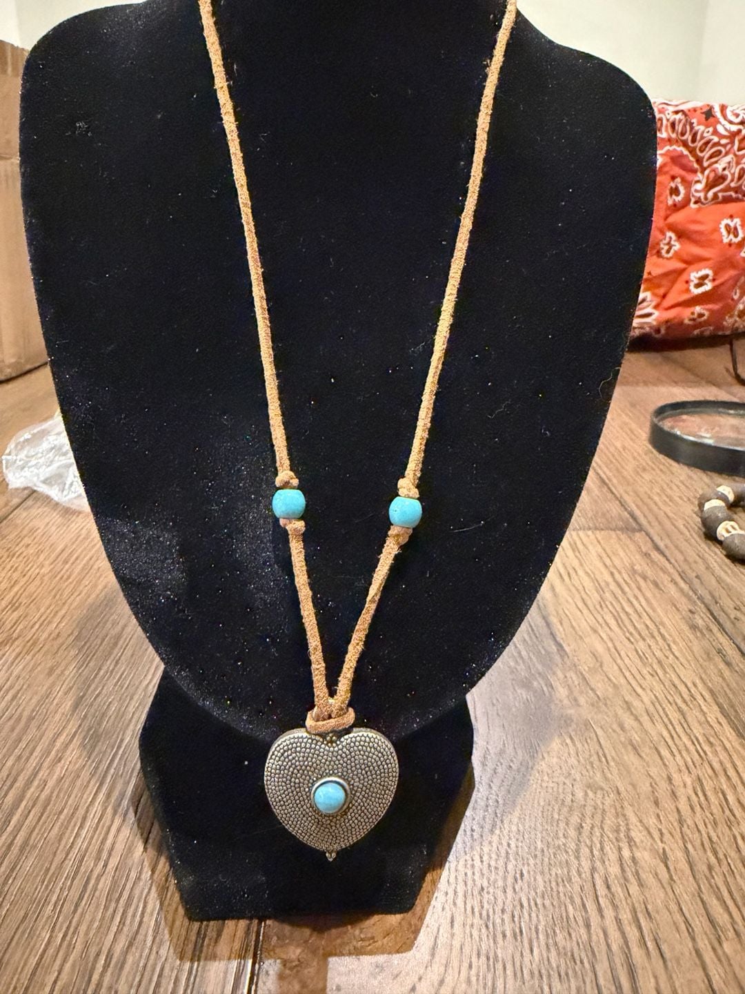 Heart Pendant Necklace with Faux Turquoise Stone and Leather Cord 3