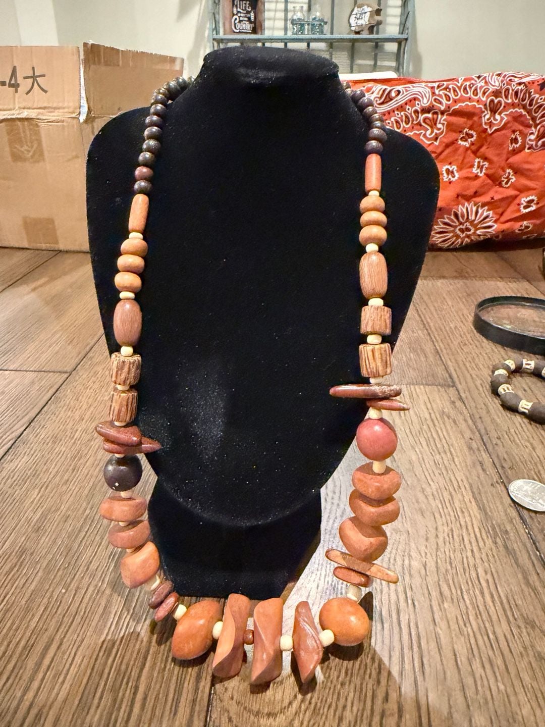 Vintage Wooden Beaded Statement Necklace Earth Tone Boho Style 2