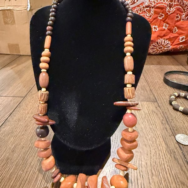 Vintage Wooden Beaded Statement Necklace Earth Tone Boho Style