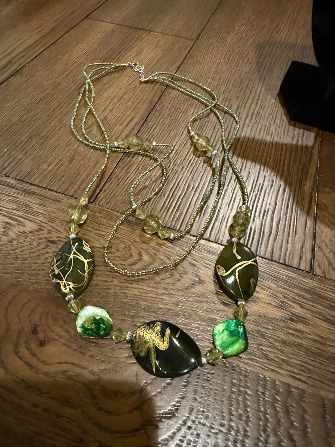 Green and Gold Murano Glass Beaded Long Necklace with Gold Chain 2
