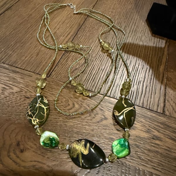 Green and Gold Murano Glass Beaded Long Necklace with Gold Chain