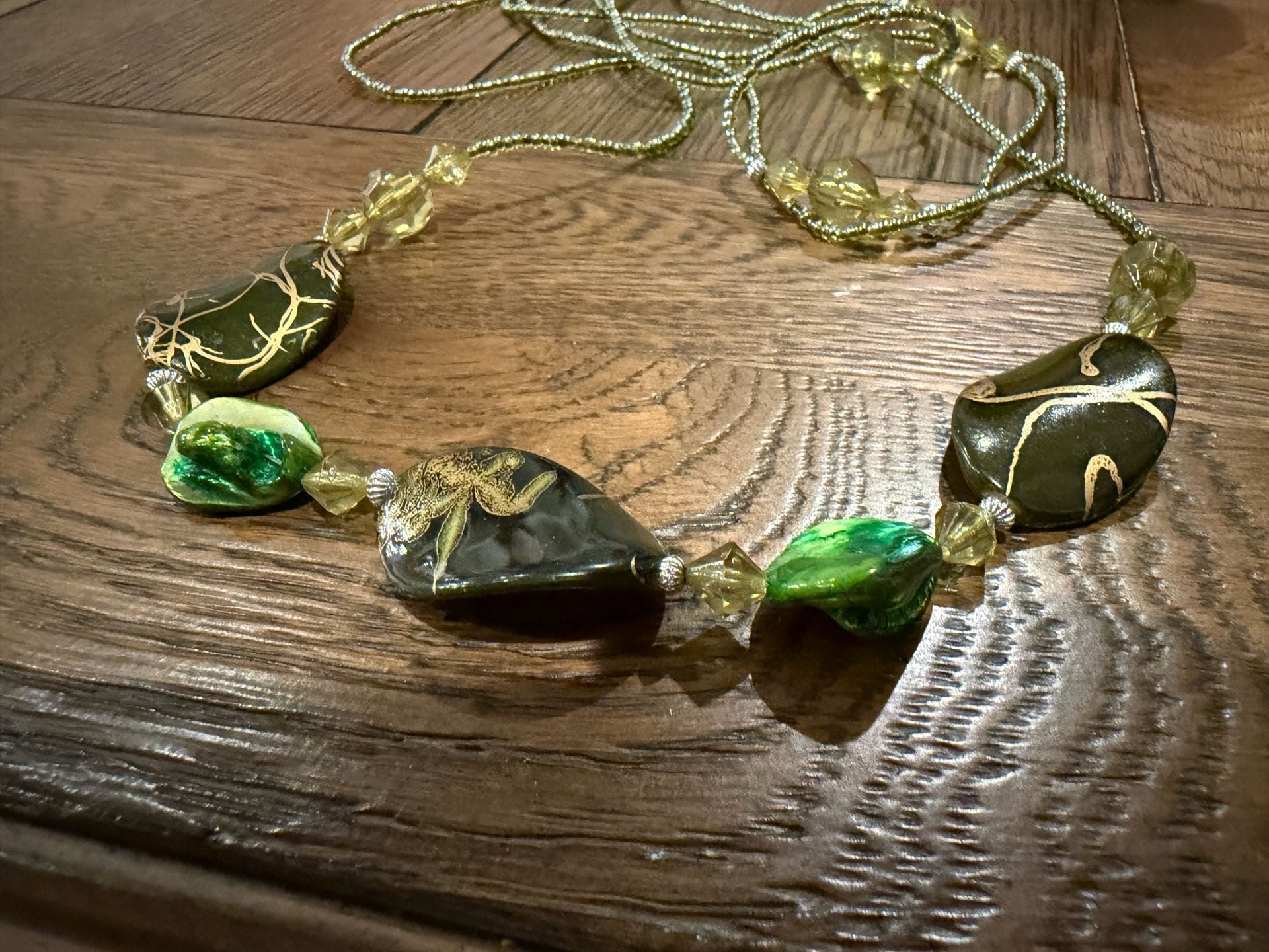 Green and Gold Murano Glass Beaded Long Necklace with Gold Chain 3