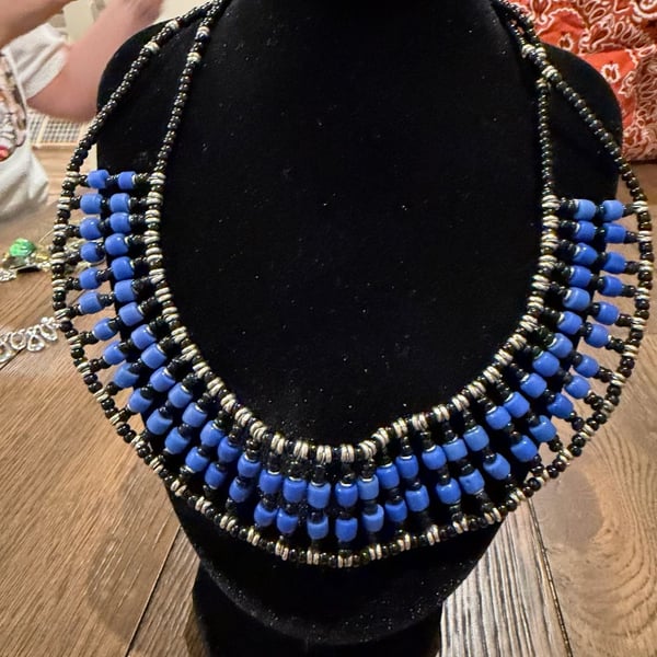 Blue Bead Statement Necklace Collar Bib Style