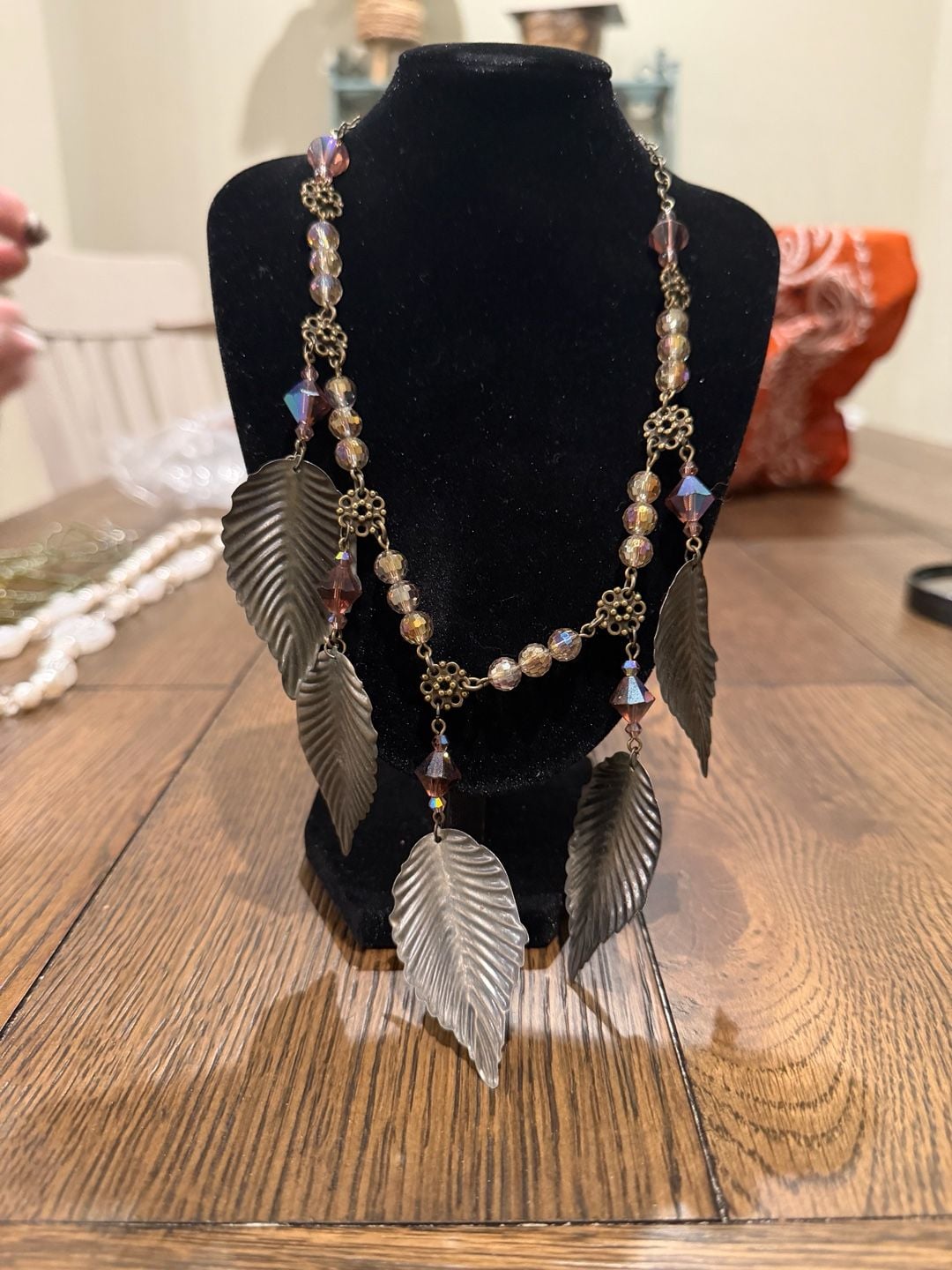 Vintage Beaded Leaf Pendant Necklace with Crystal and Metal Accents 2