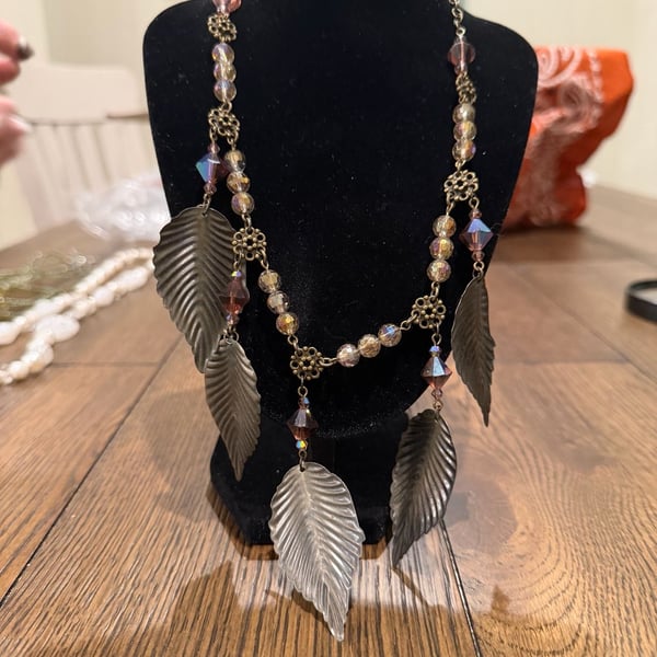 Vintage Beaded Leaf Pendant Necklace with Crystal and Metal Accents