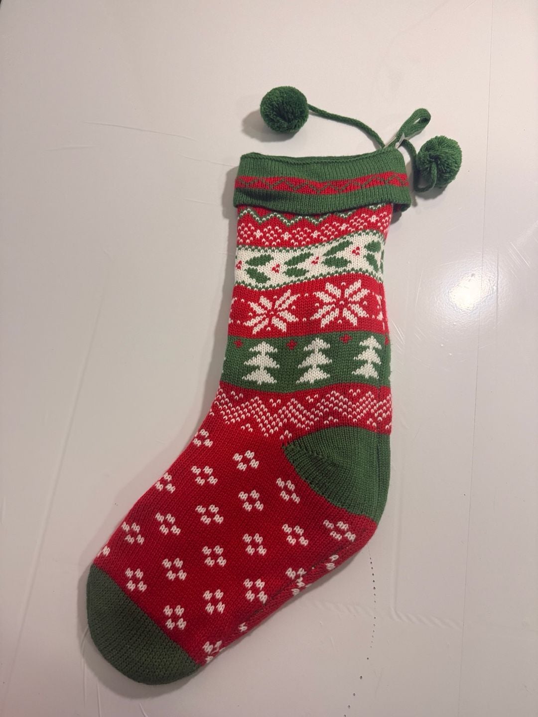 Kurt Adler Red Green Ivory Knit Snowflake Holly Christmas Stocking Set of 2 1