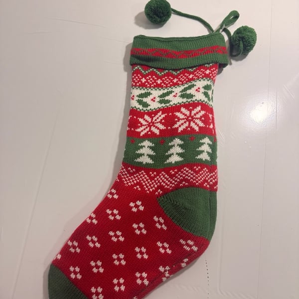 Kurt Adler Red Green Ivory Knit Snowflake Holly Christmas Stocking Set of 2