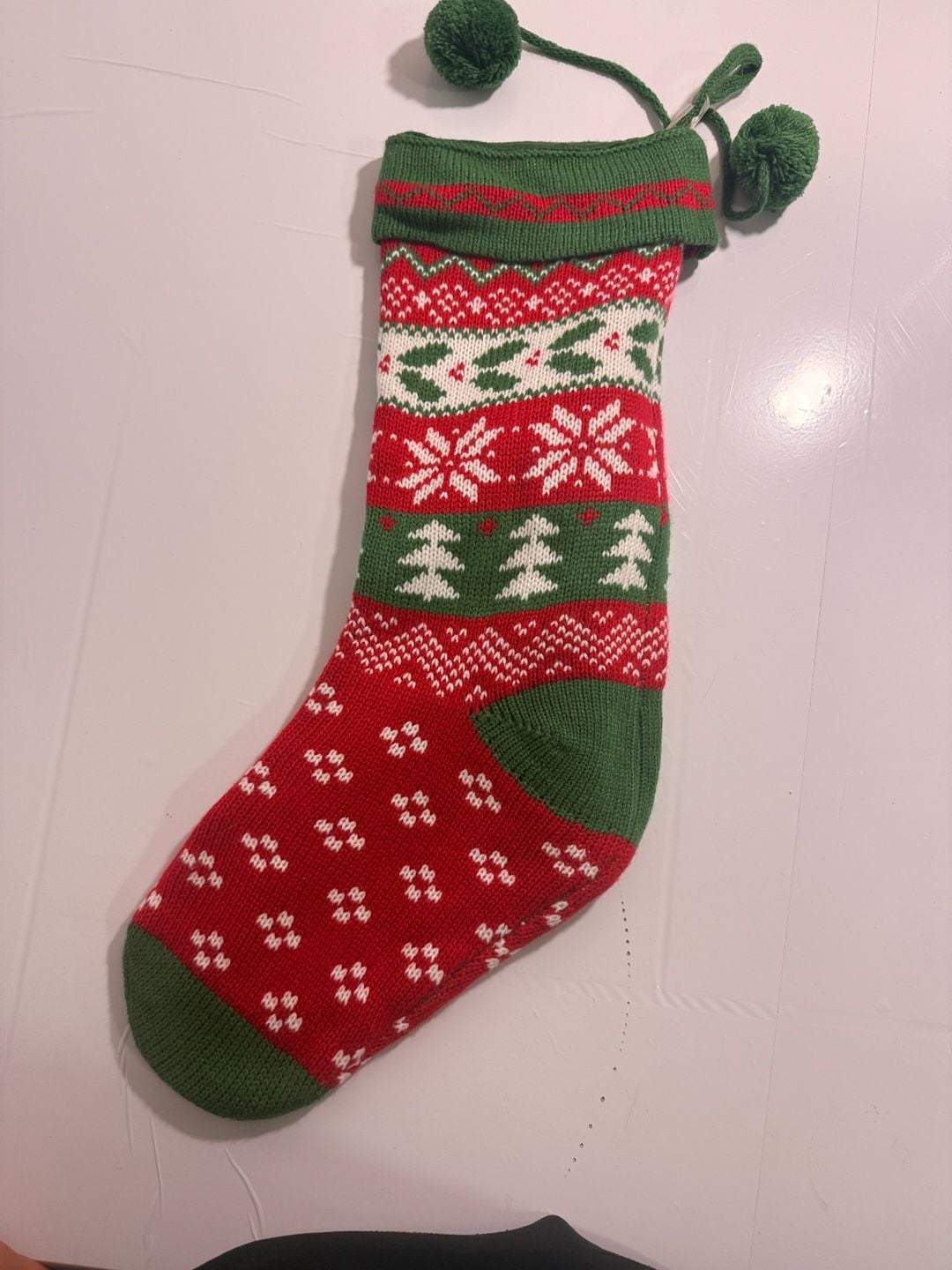 Kurt Adler Red Green Ivory Knit Snowflake Holly Christmas Stocking Set of 2 2