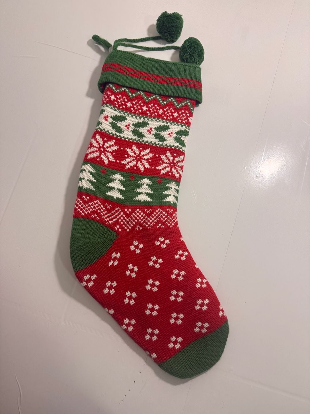 Kurt Adler Red Green Ivory Knit Snowflake Holly Christmas Stocking Set of 2 3