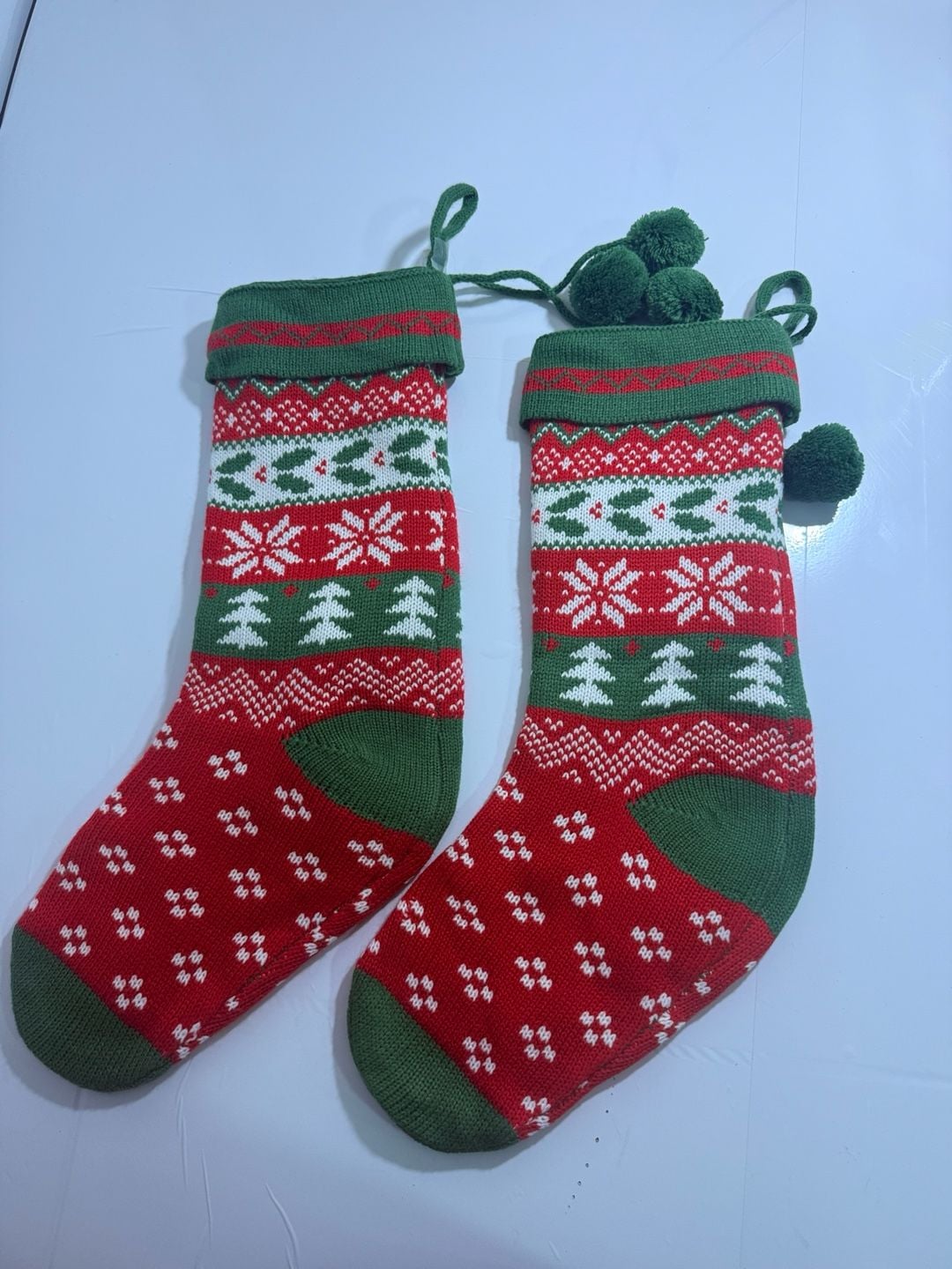 Kurt Adler Red Green Ivory Knit Snowflake Holly Christmas Stocking Set of 2 4