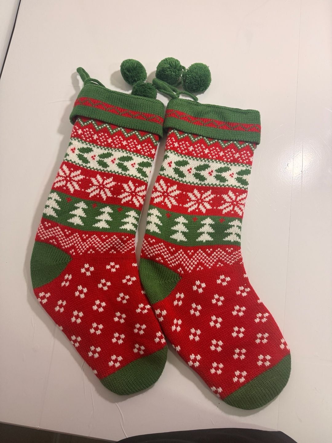 Kurt Adler Red Green Ivory Knit Snowflake Holly Christmas Stocking Set of 2 5