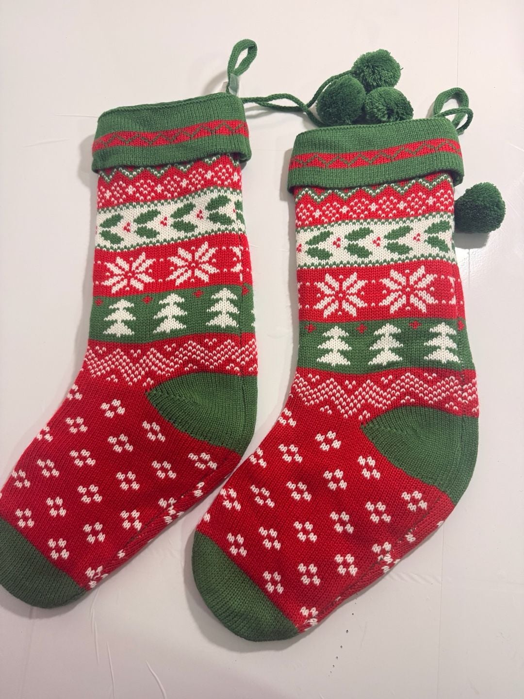 Kurt Adler Red Green Ivory Knit Snowflake Holly Christmas Stocking Set of 2 6