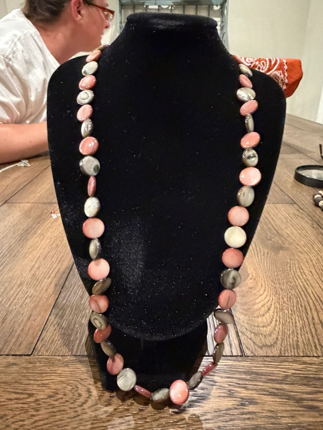 Vintage Pink and Gray Marbled Stone Bead Necklace with Silver Toggle Clasp 2
