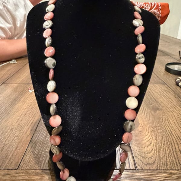 Vintage Pink and Gray Marbled Stone Bead Necklace with Silver Toggle Clasp