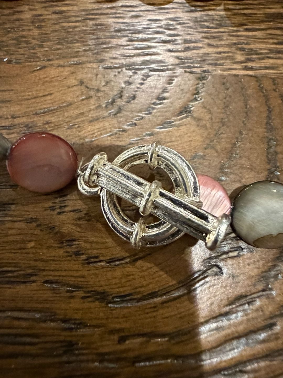 Vintage Pink and Gray Marbled Stone Bead Necklace with Silver Toggle Clasp 3