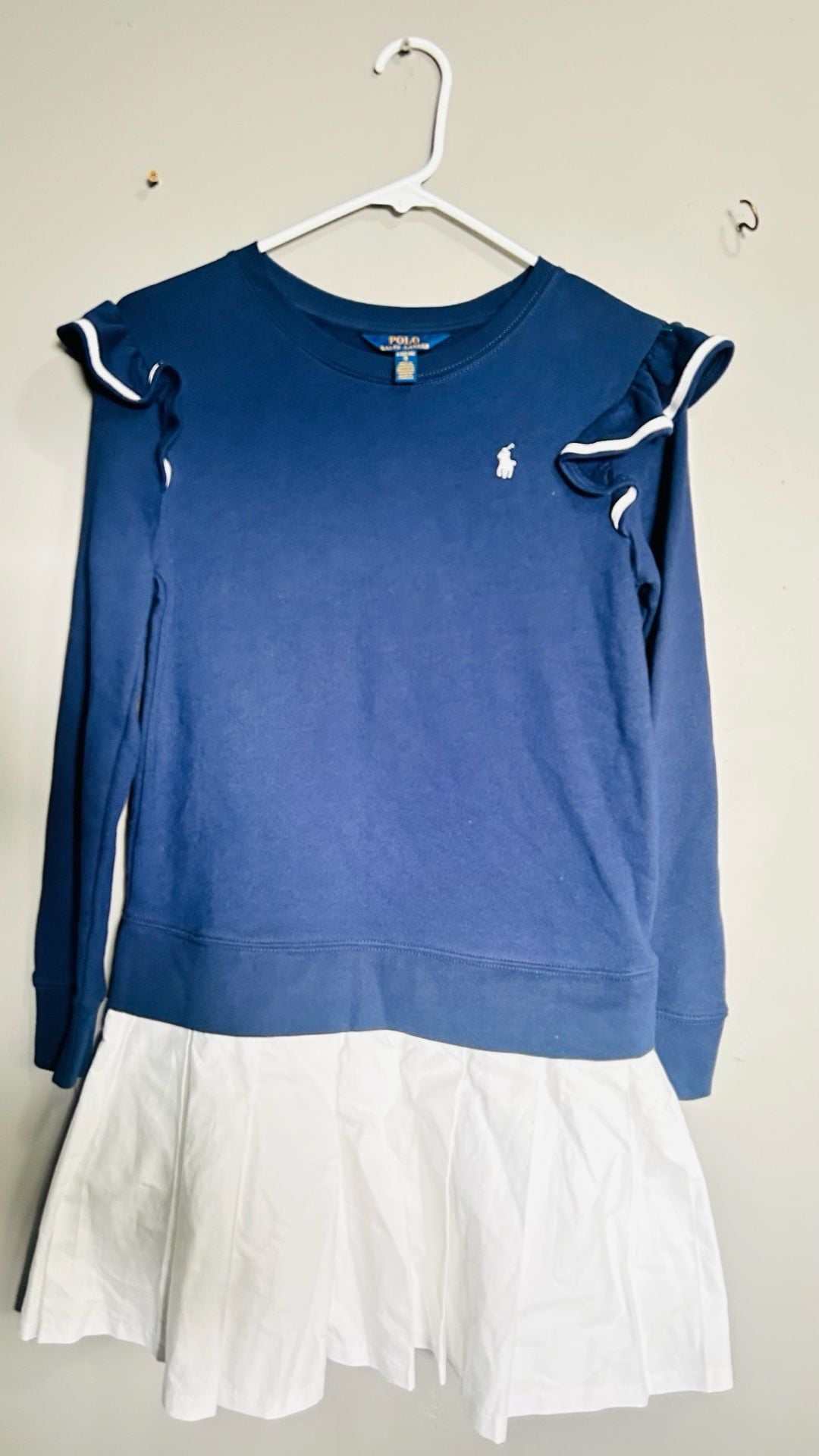 Polo Ralph Lauren Long Sleeve Crewneck Dress With Gathered Skirt - Navy/ White. Pc 140 2
