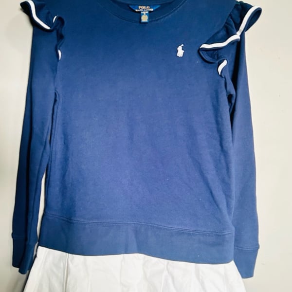 Polo Ralph Lauren Long Sleeve Crewneck Dress With Gathered Skirt - Navy/ White. Pc 140