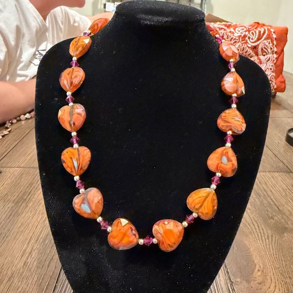 Handmade Orange Heart Bead Necklace with Purple Accents