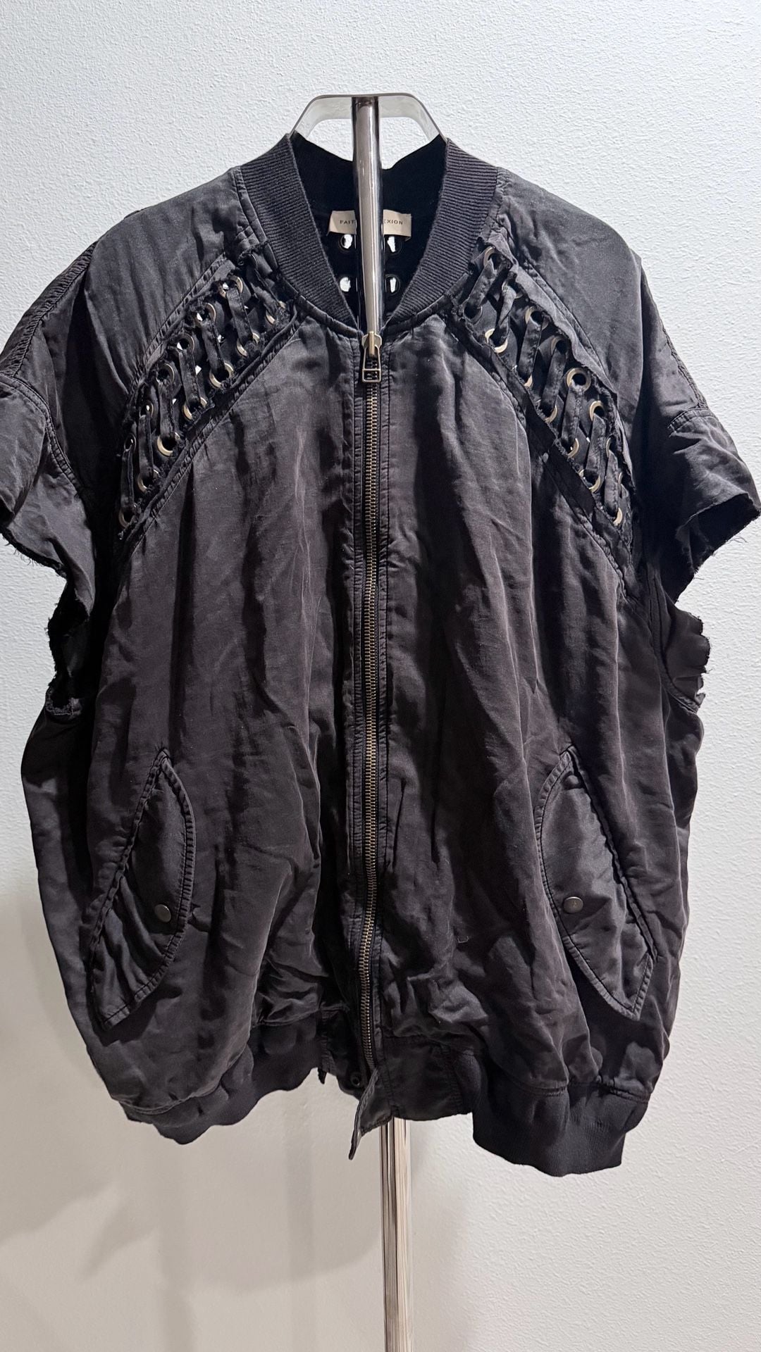 Faith Connexion Black Bomber Vest With Lace-Up Details And Frayed Sleeves Sz L 2