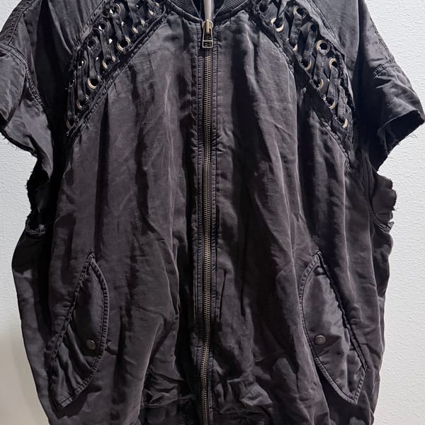 Faith Connexion Black Bomber Vest With Lace-Up Details And Frayed Sleeves Sz L