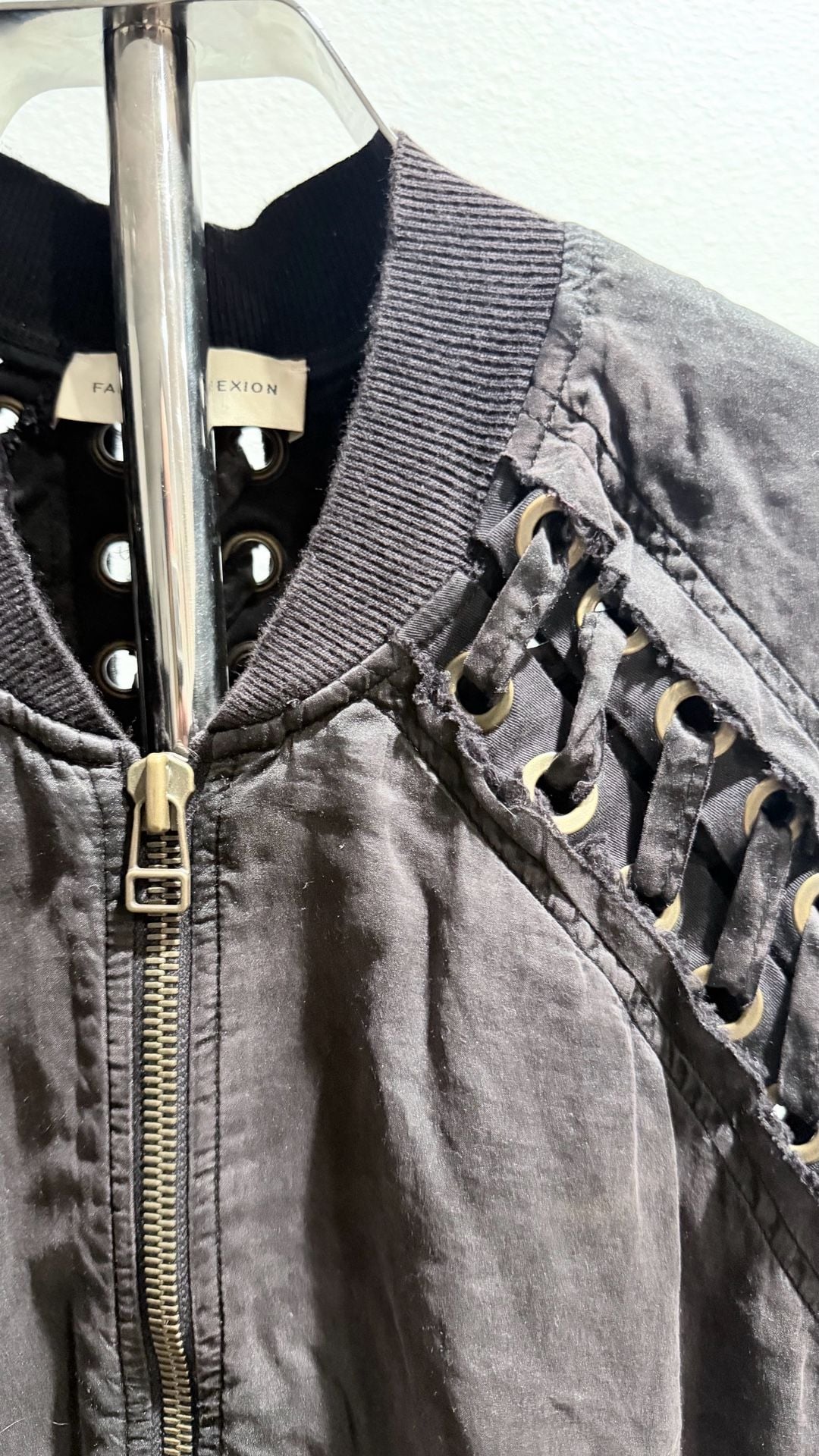 Faith Connexion Black Bomber Vest With Lace-Up Details And Frayed Sleeves Sz L 3