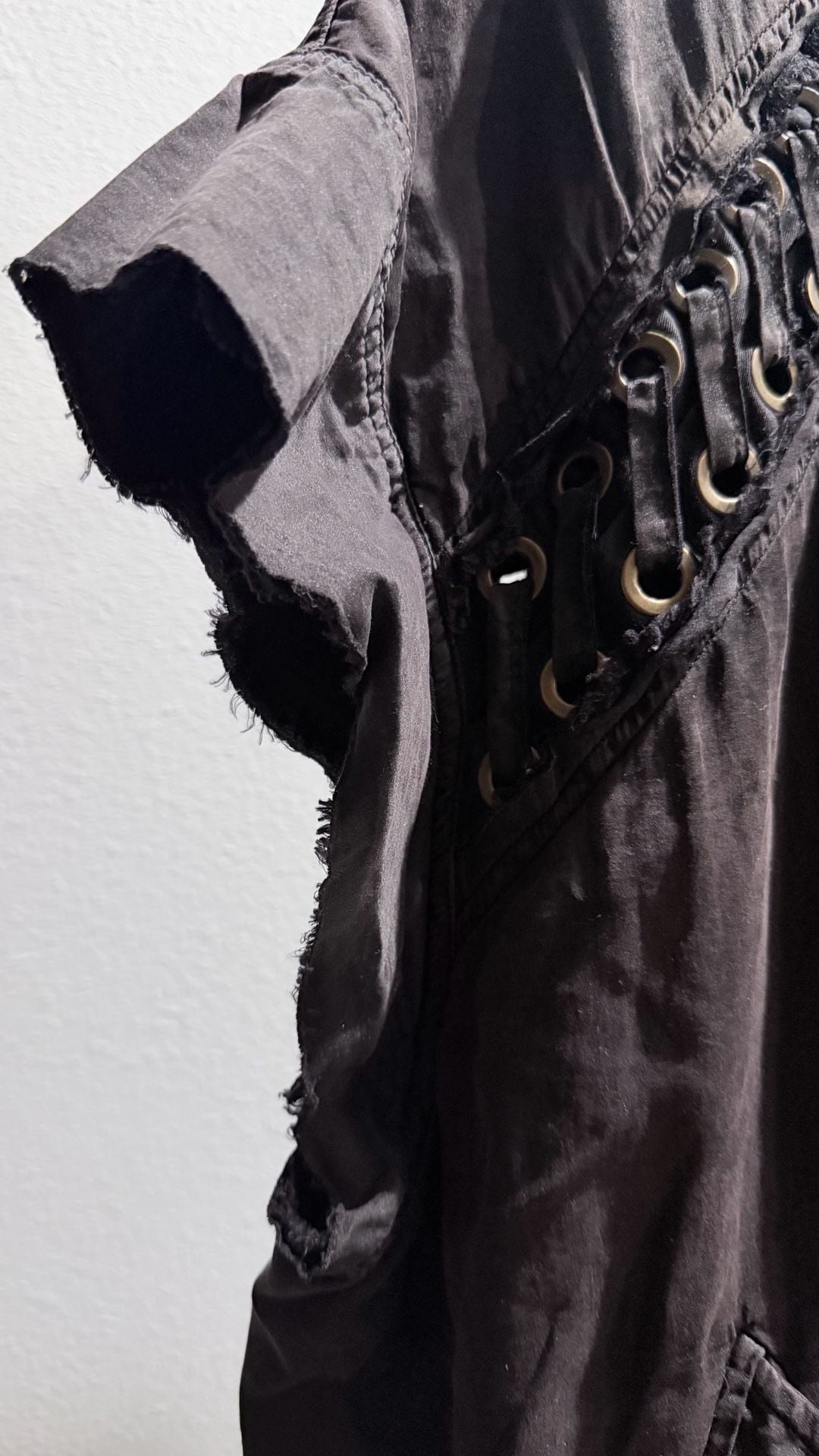 Faith Connexion Black Bomber Vest With Lace-Up Details And Frayed Sleeves Sz L 6