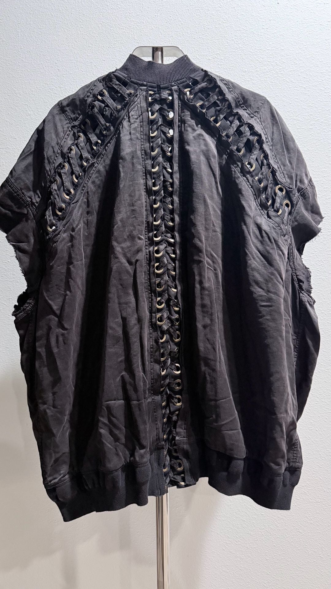 Faith Connexion Black Bomber Vest With Lace-Up Details And Frayed Sleeves Sz L 7