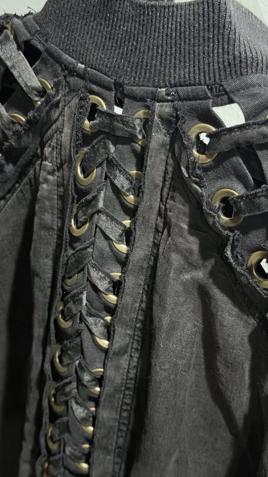 Faith Connexion Black Bomber Vest With Lace-Up Details And Frayed Sleeves Sz L 11