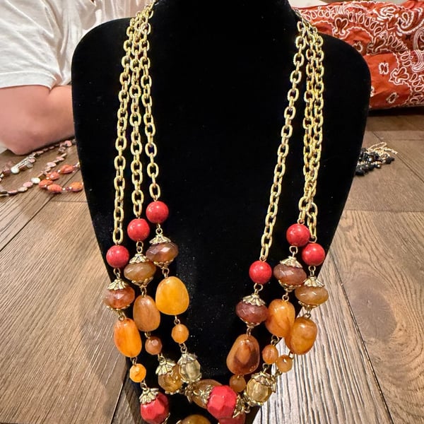 Multi Layer Beaded Necklace with Gold Chains and Orange Pink Beads