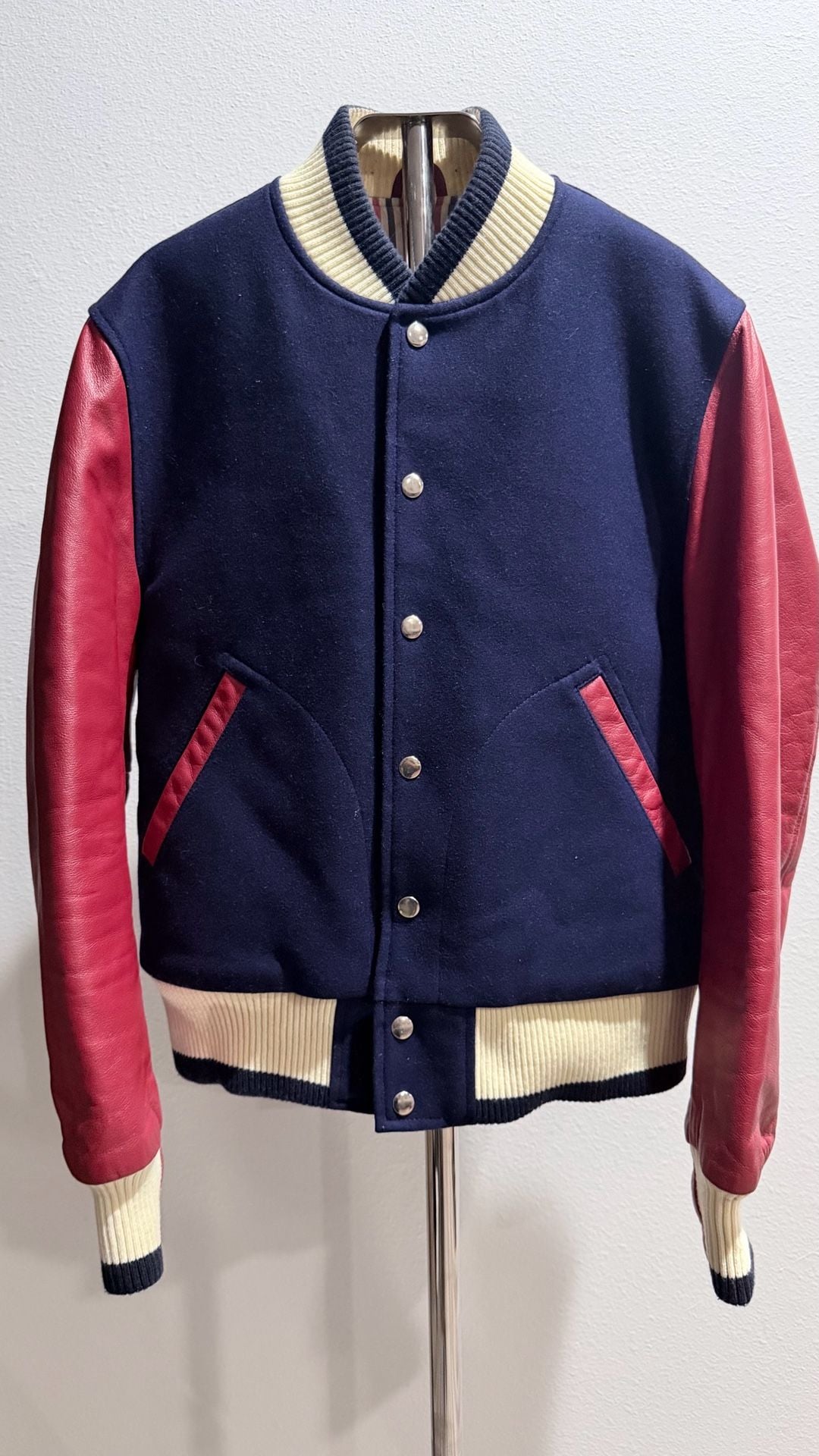Thom Browne Inspired Wool and Leather Varsity Jacket Size 2 Navy Red 2