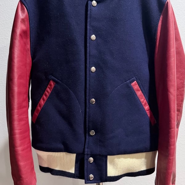 Thom Browne Inspired Wool and Leather Varsity Jacket Size 2 Navy Red 