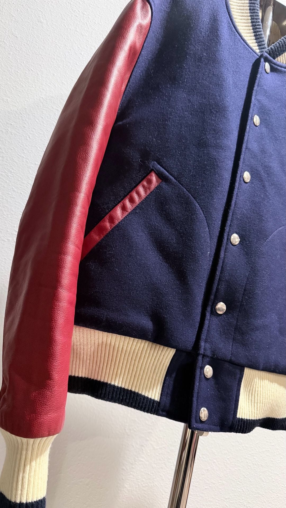 Thom Browne Inspired Wool and Leather Varsity Jacket Size 2 Navy Red 4