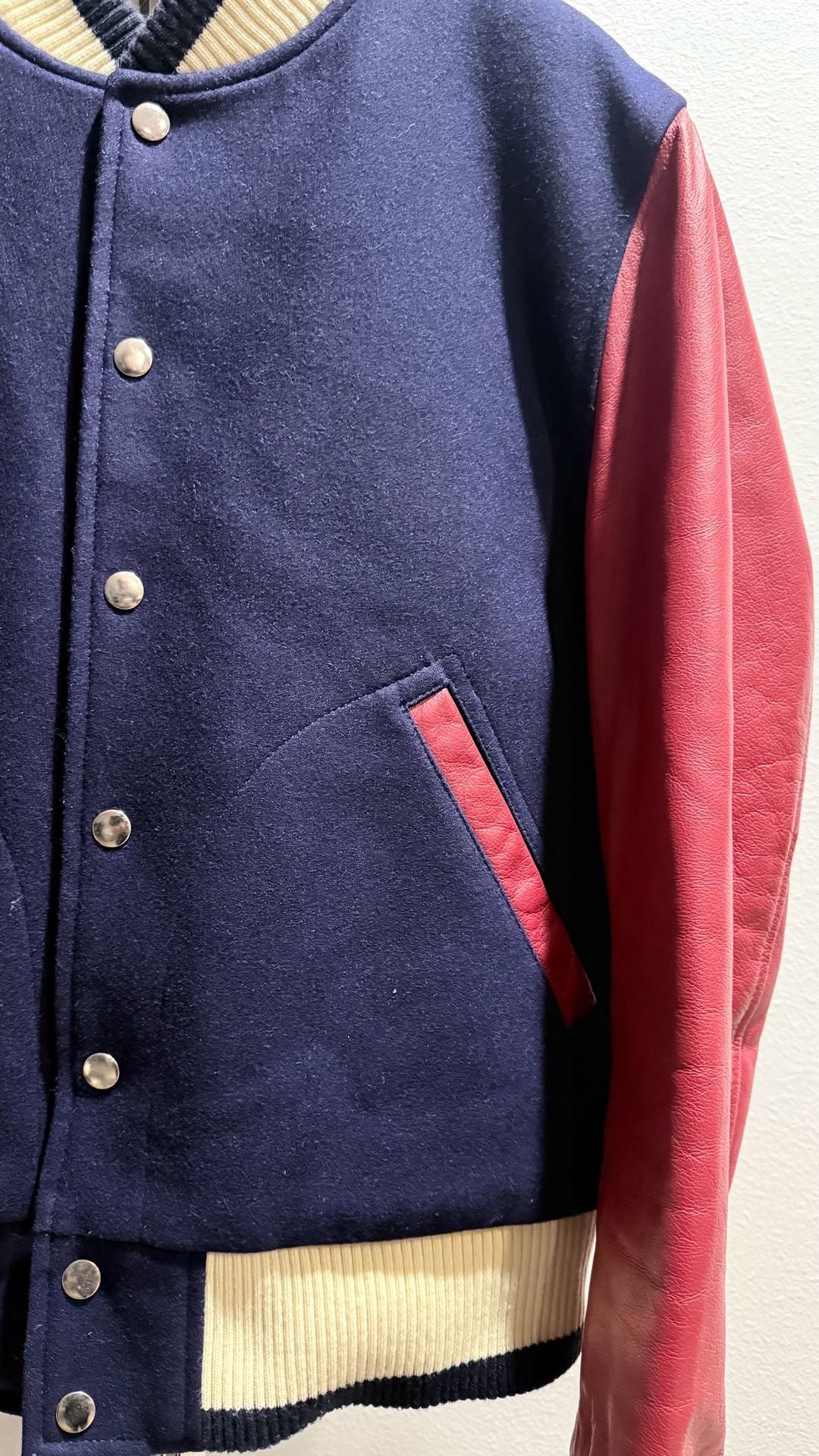 Thom Browne Inspired Wool and Leather Varsity Jacket Size 2 Navy Red 5