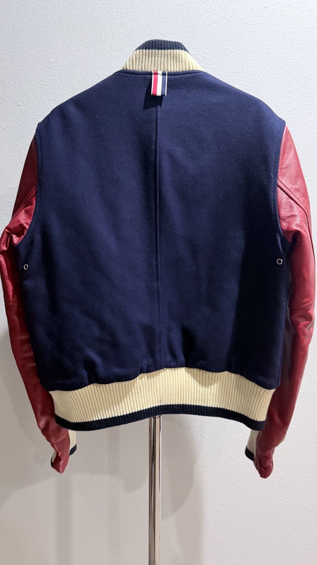 Thom Browne Inspired Wool and Leather Varsity Jacket Size 2 Navy Red 9