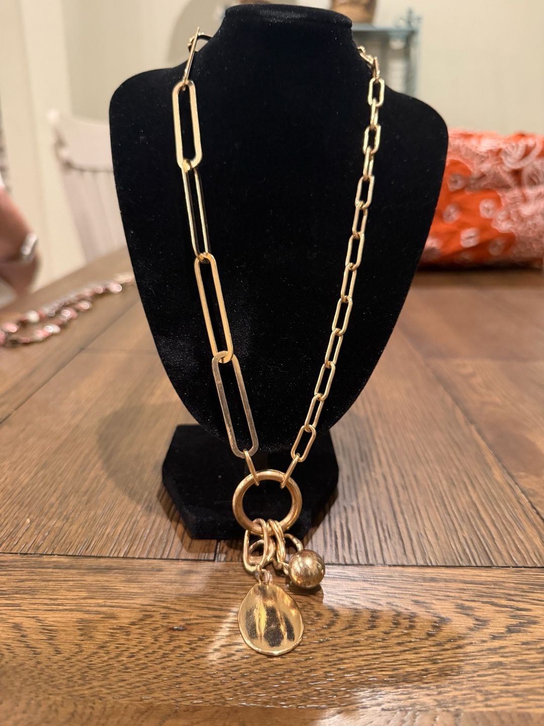 Gold Tone Paperclip Chain Lariat Charm Necklace 2